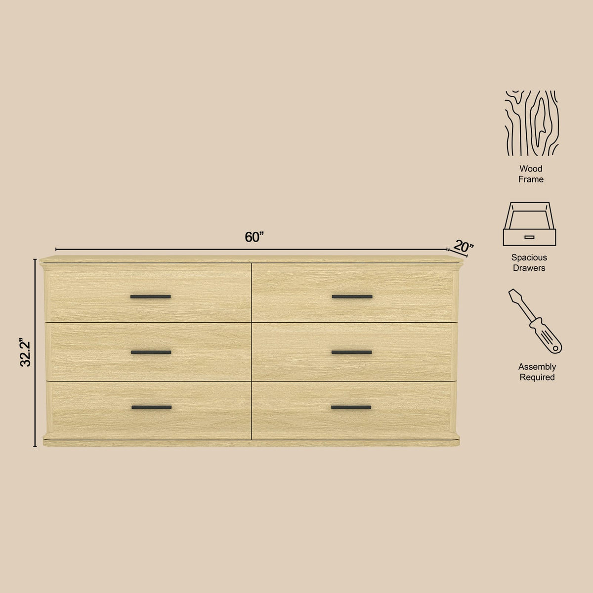 Dresser in Natural Oak - 60" Dresser with Six Drawers