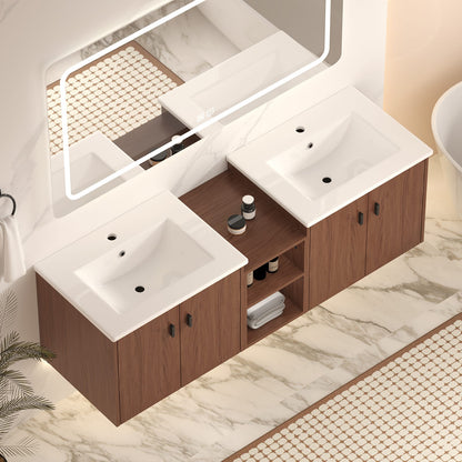 60 inch Reddish Brown Bathroom Vanity with Storage Cabinets