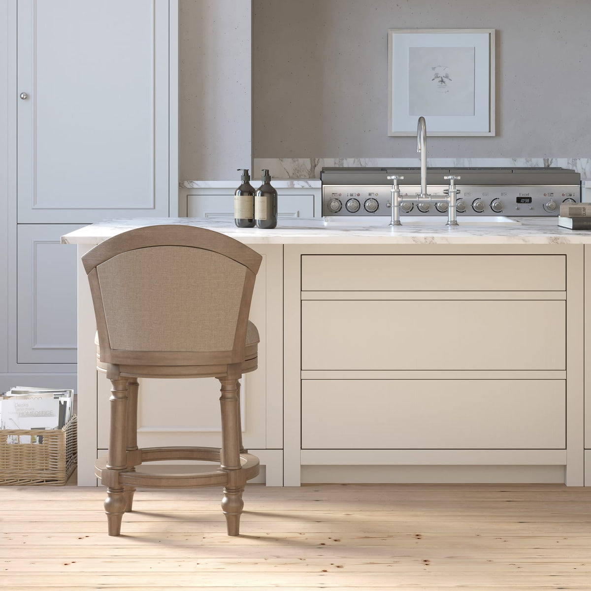 Gray Barrel-Back Bar Stool - Swivel & Upholstered Comfort
