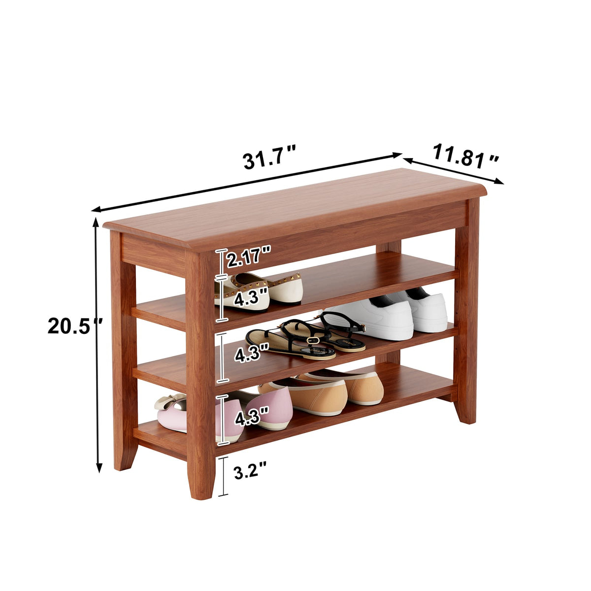 Walnut Solid Wood Shoe Storage Bench with Hidden Storage for Living Room
