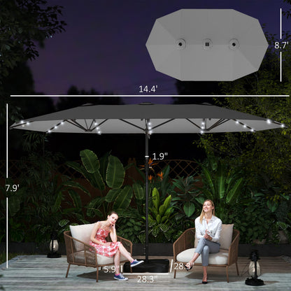 Large Grey Double Patio Umbrella with Solar Garden Lights