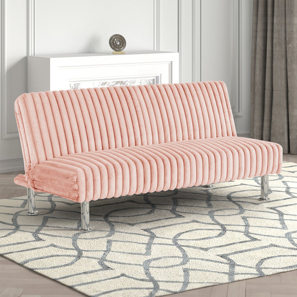 Pink Contemporary Futon Sofa with Metal Legs for Living Room Sleep