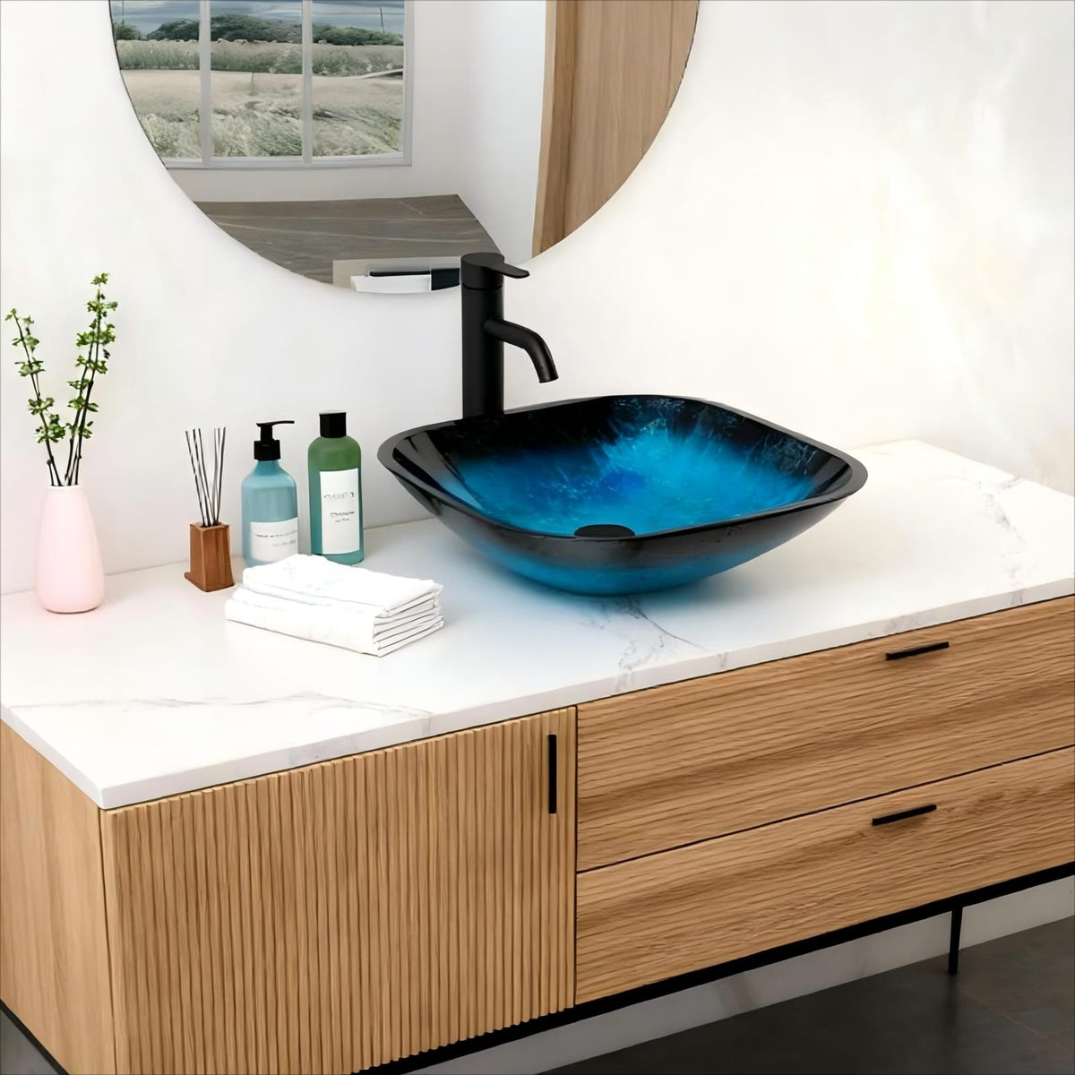 Blue Tempered Glass Vessel Sink Bathroom Vanity Upgrade
