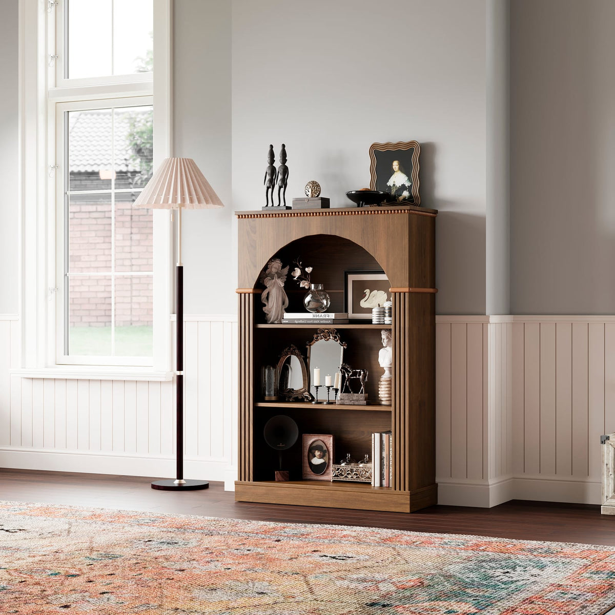 Walnut Melamine Arched Bookshelf - 3 Tier Display Shelf for Living Room