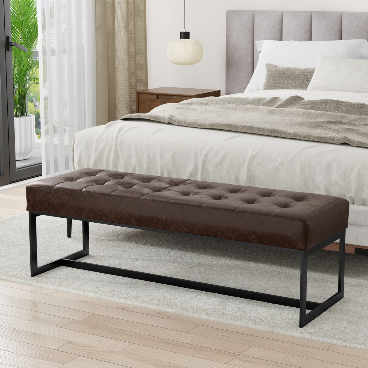 Brown Leather Ottoman Bench - 18" D x 56" W
