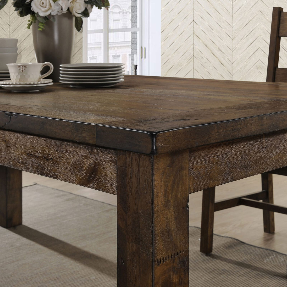 Farmhouse Brown Dining Table Seats 8 | Solid Rubberwood
