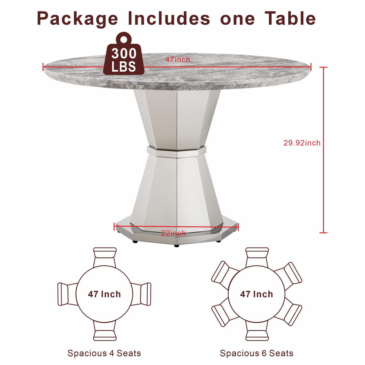 47" Round Marble Dining Table - Modern Kitchen Table, Gray+Silver