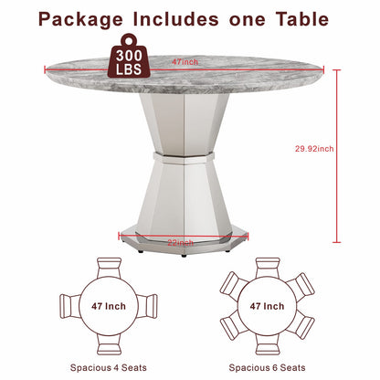 47" Round Marble Dining Table - Modern Kitchen Table, Gray+Silver