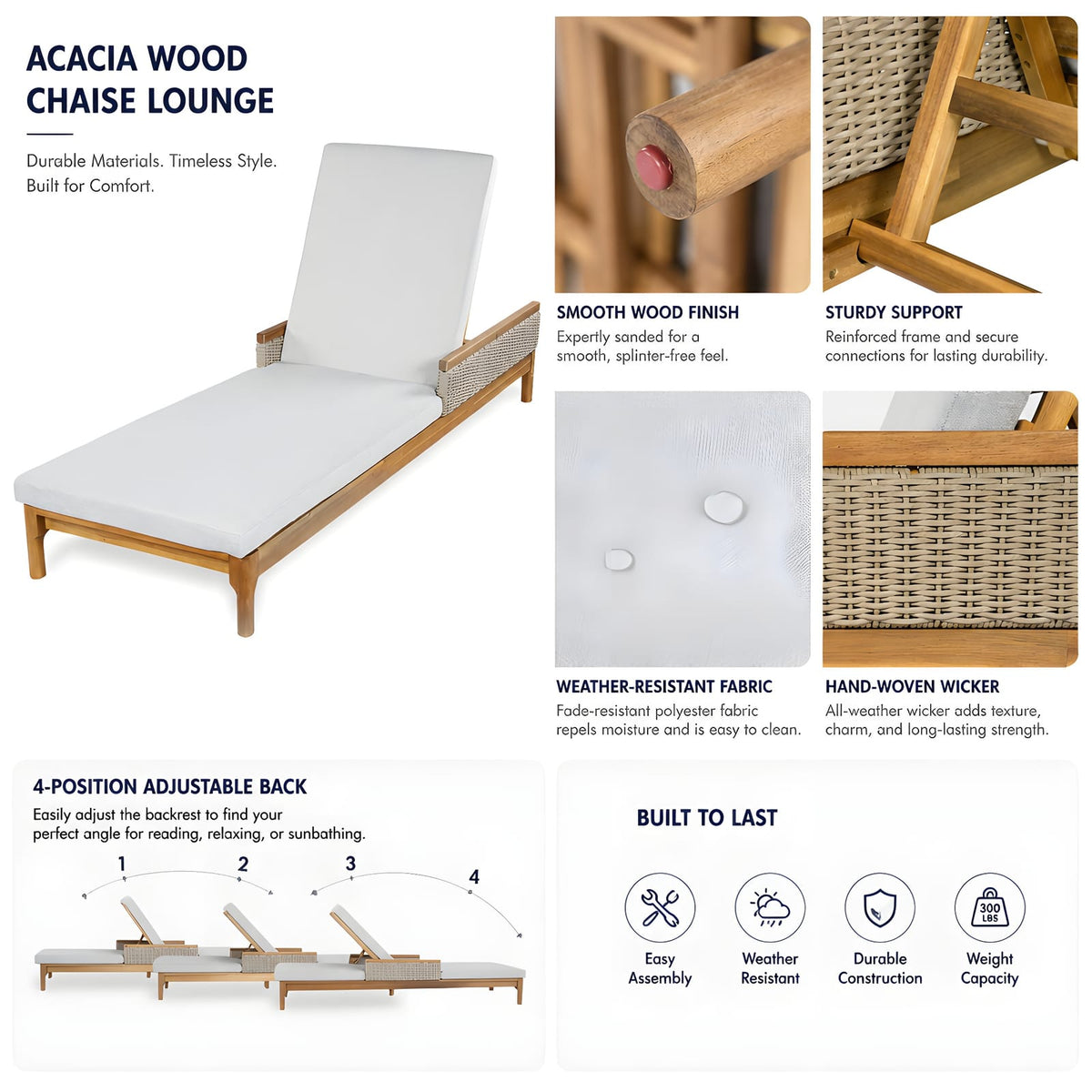 Light Grey & Natural Acacia Wood Chaise Lounge - 76.8" Outdoor Patio Seating