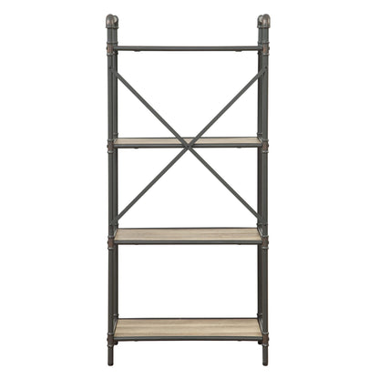 Antique Oak & Grey 4-Tier Bookcase - Industrial Display Shelves
