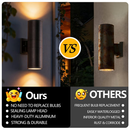 Modern Outdoor Porch Light - 2 Pack Black Iron Cylinder Wall Sconce