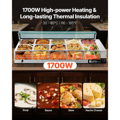 Commercial Food Warmer - 1700W Stainless Steel Buffet Bain Marie with Glass Cover