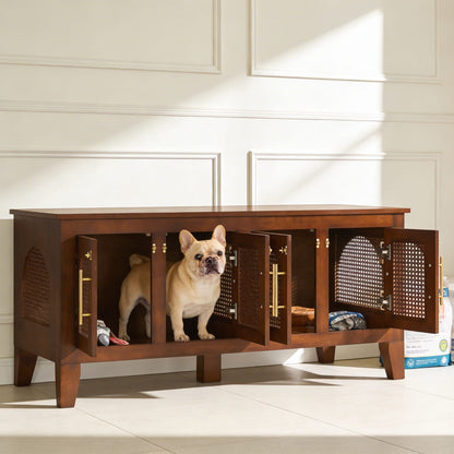 Walnut Rattan Dog Crate Cabinet Stylish Pet Furniture