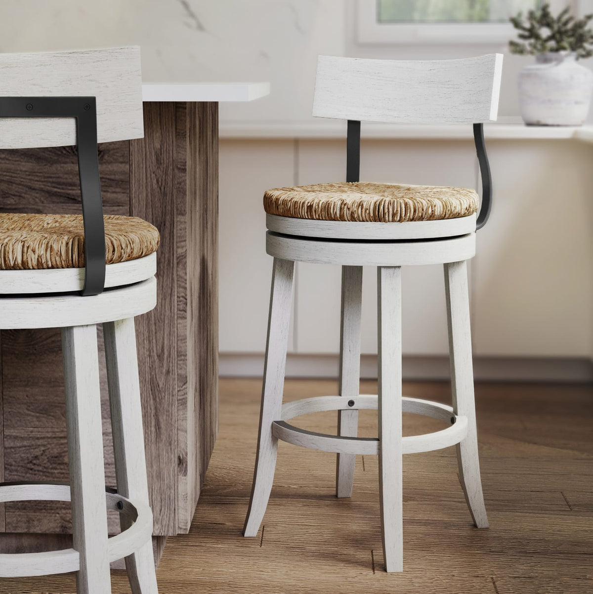 Reclaimed Wood Bar Stool with Seagrass Seat, White Finish for Bedroom