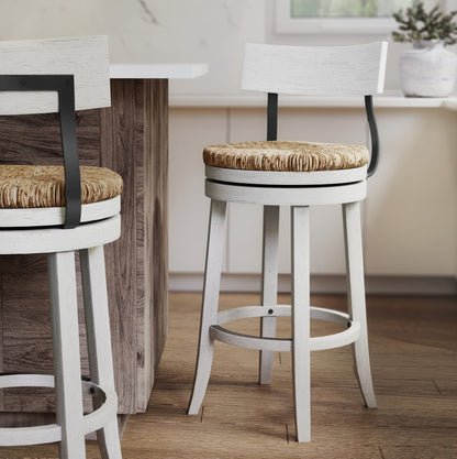 Reclaimed Wood Bar Stool with Seagrass Seat, White Finish for Bedroom