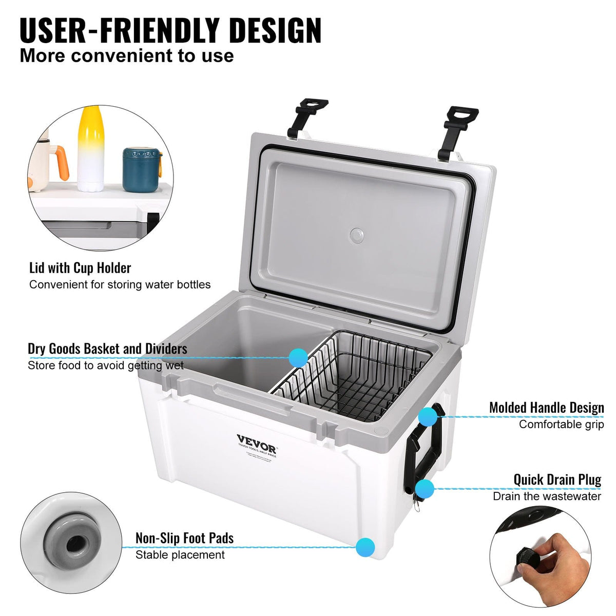 52 Qt Portable Cooler - White Plastic Ice Chest for Camping & Beach