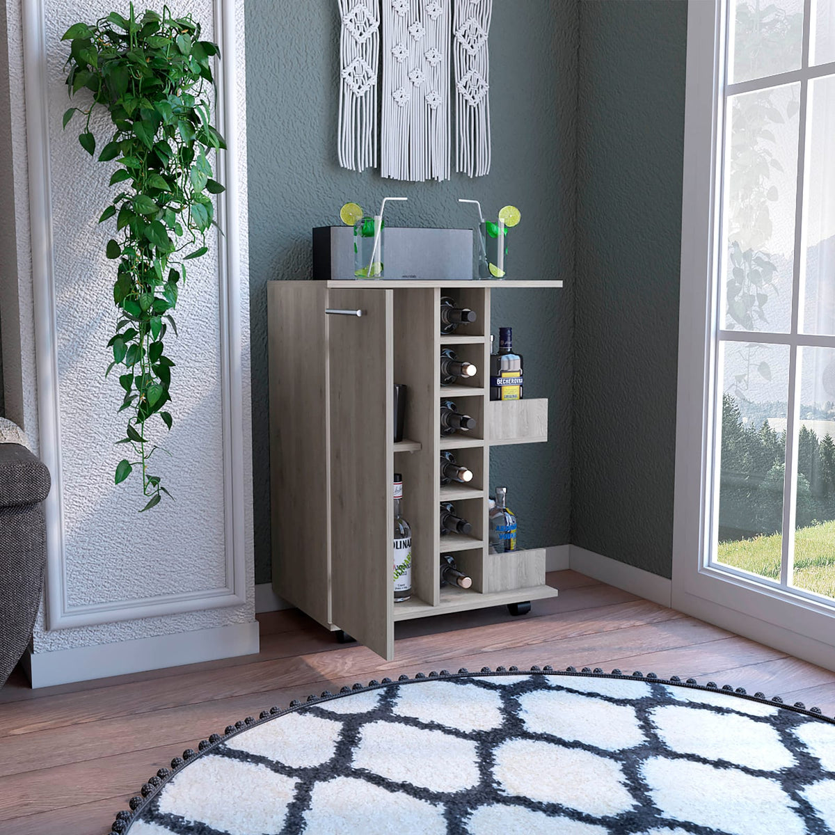 Light Gray Particle Board Bar Cart with Casters for Kitchen Storage