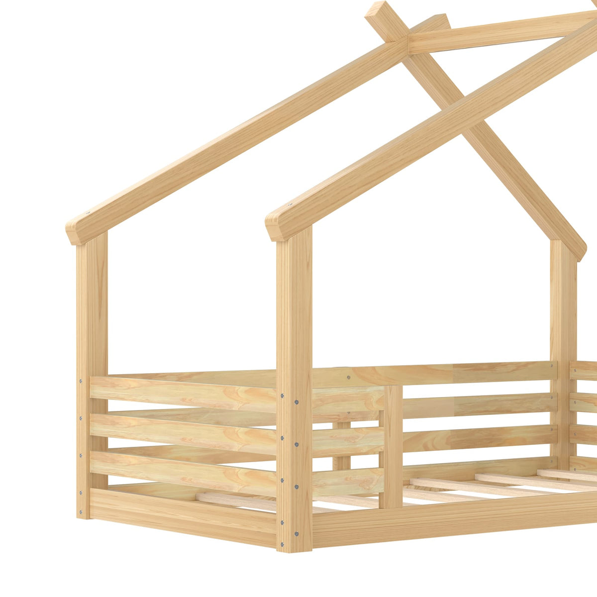 Twin House Floor Bed - Natural Wood, Safe & Sturdy Design