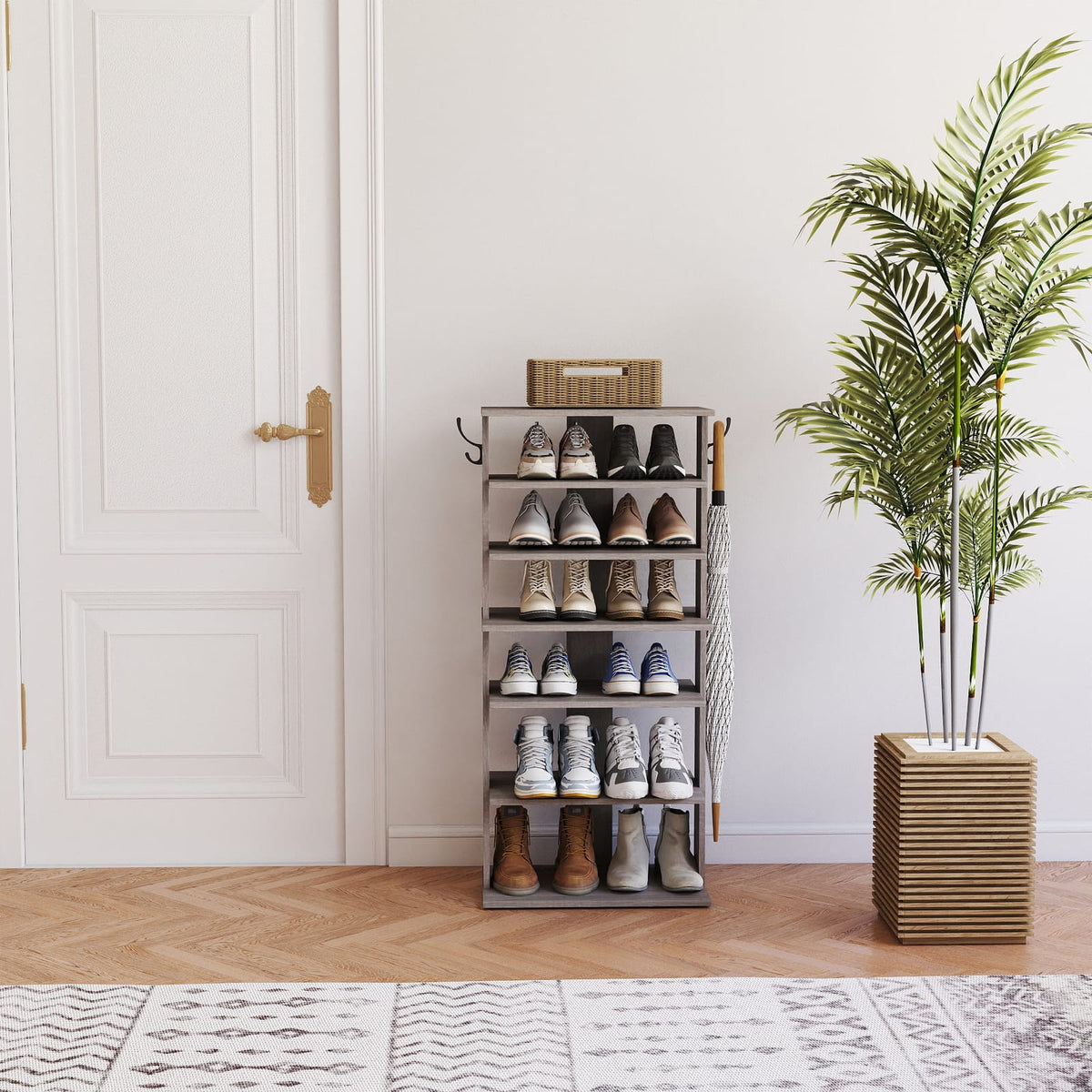7-Tier Gray Shoe Rack - Storage Organizer with Hooks for Living Room