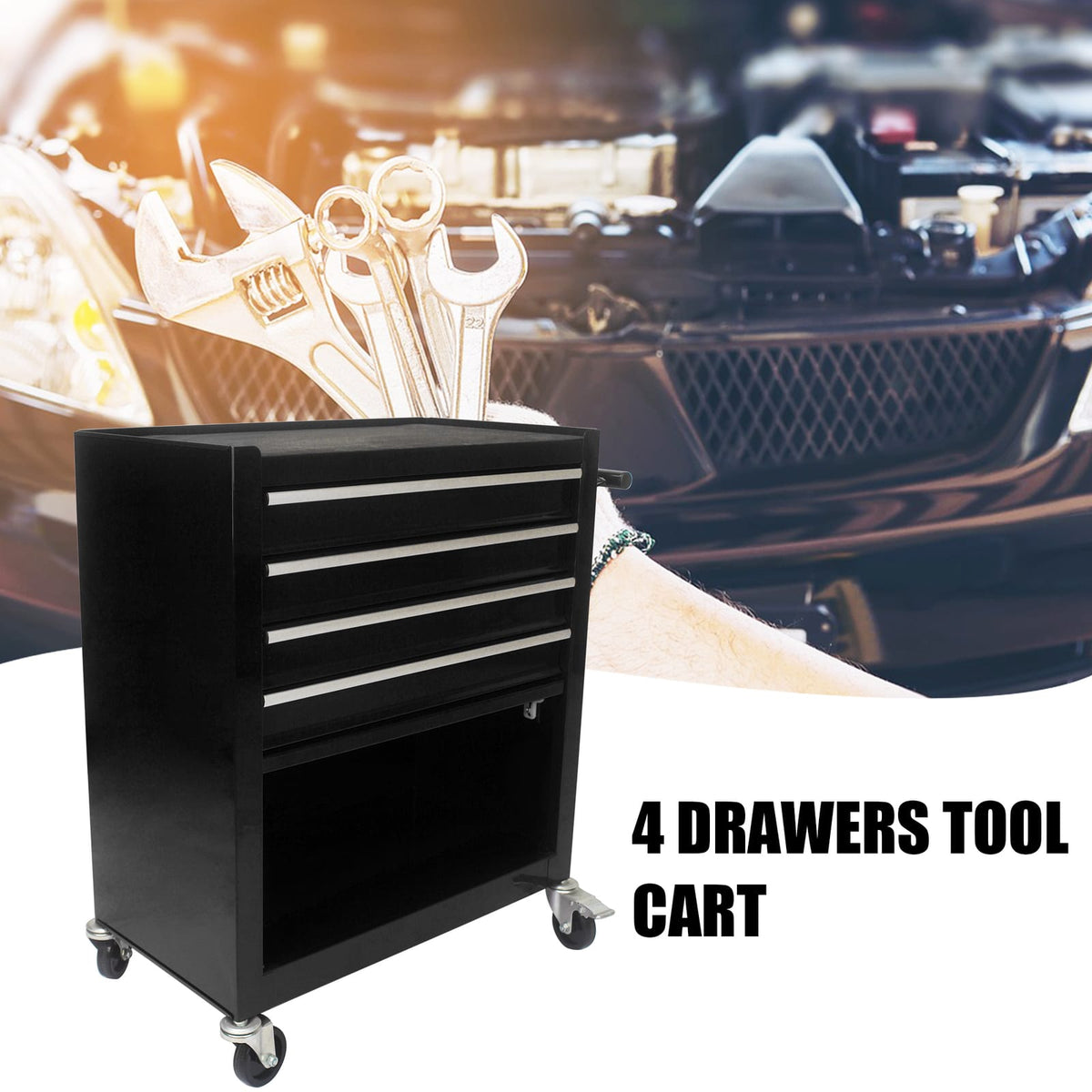4 Drawer Tool Cart with Wheels - Black