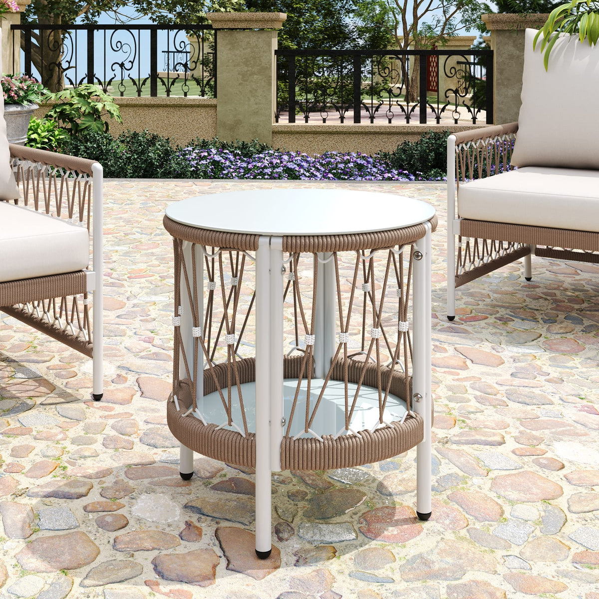 17.32" Bohemian Garden Accent Outdoor Side Table - Handwoven Rope with