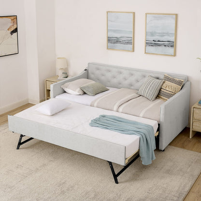 Beige Linen Twin Daybed with Trundle and USB Charging Design