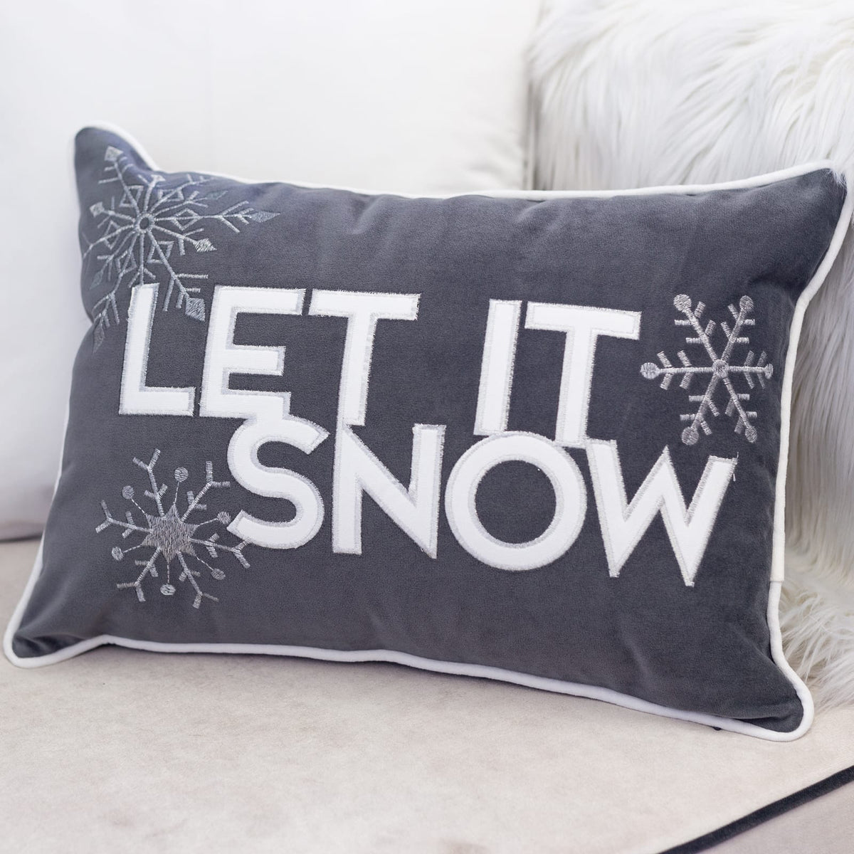 Nneka Let It Snow Gray Velvet Lumbar Pillow with Insert 14x20
