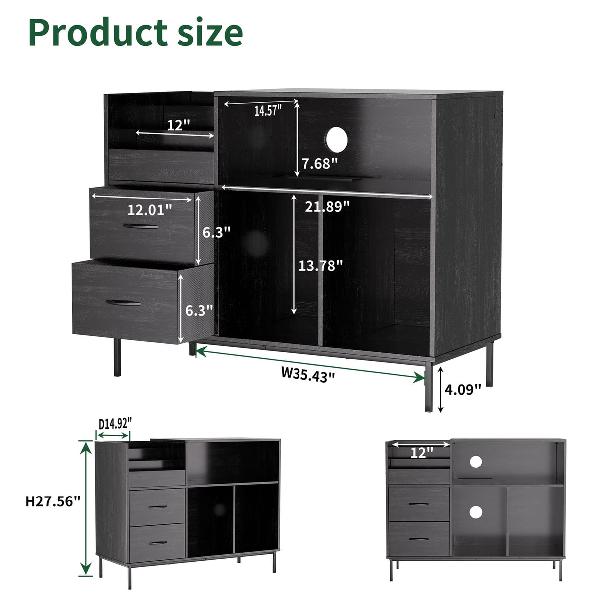 Black MDF Media Console with Storage for Record Player and Cables for Living Room
