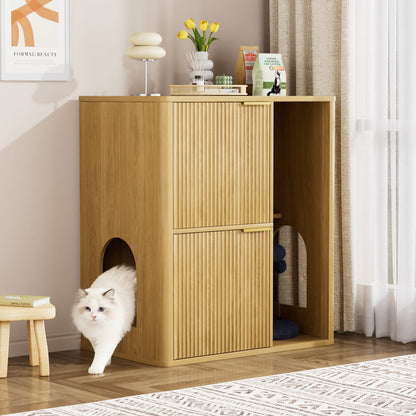 Natural Wood Cat Litter Cabinet with Storage and Dual Entry Doors