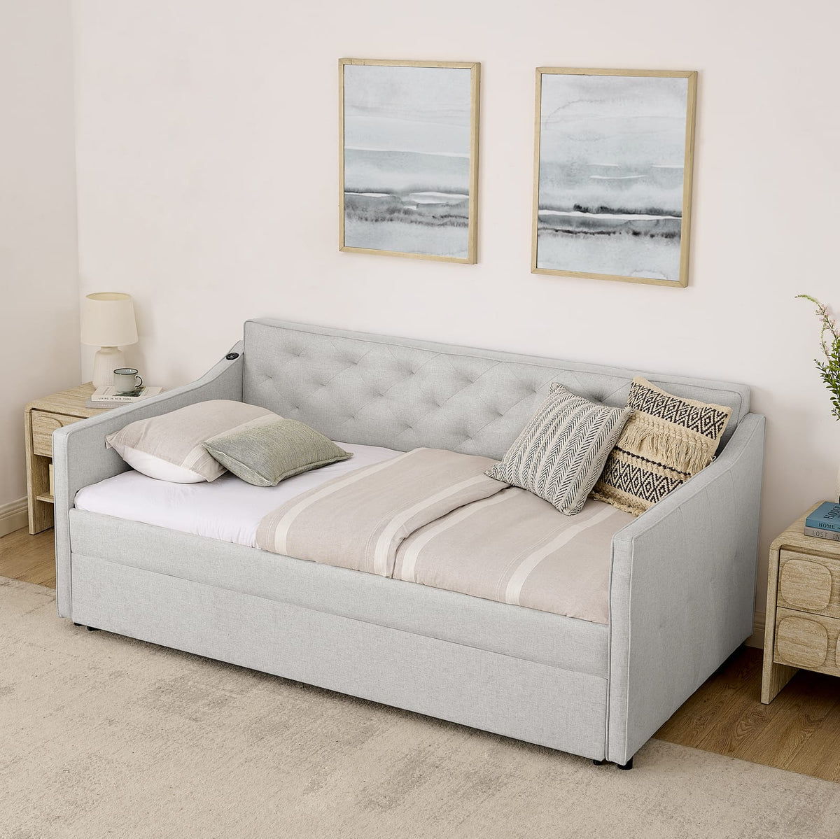 Beige Linen Twin Daybed with Trundle and USB Charging Design