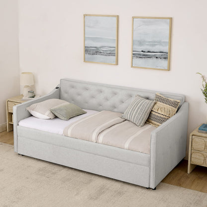 Beige Linen Twin Daybed with Trundle and USB Charging Design