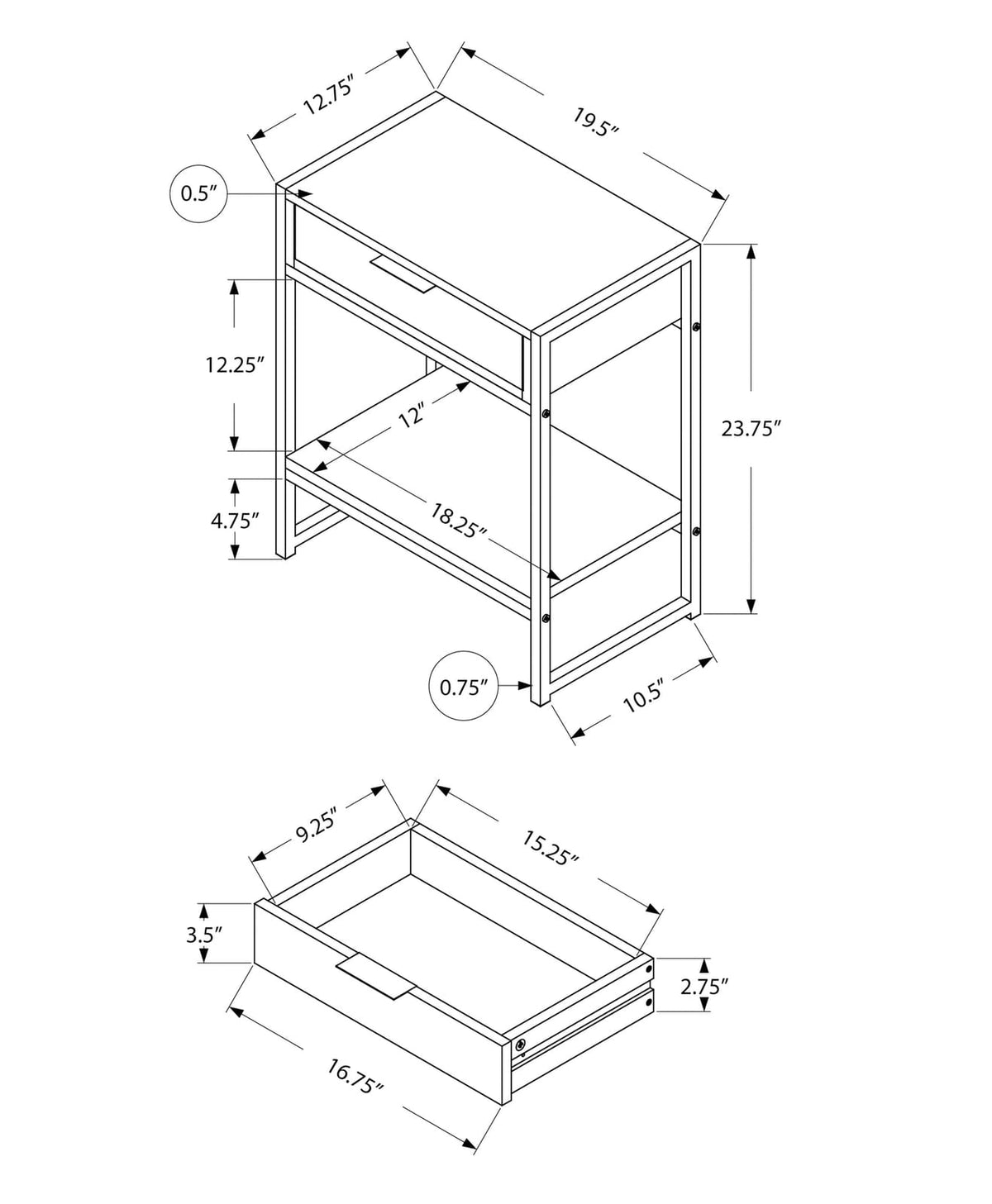 Brown Gold Accent Table - Storage Drawer Side Table for Living Room