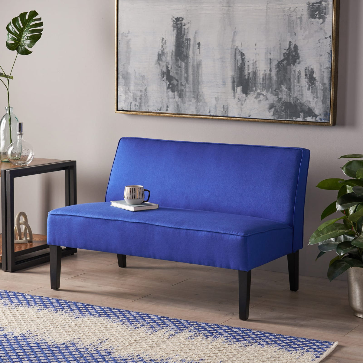 Navy Blue Fabric Loveseat with Solid Wood Frame for Living Room