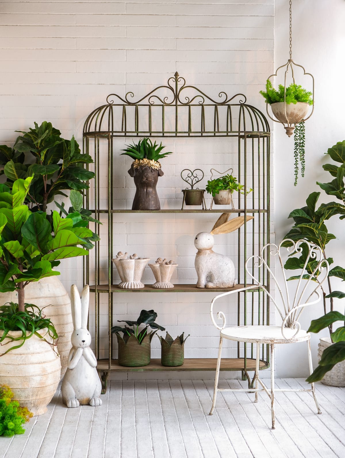 Antique Green Iron Shelving Unit - 47" Three Tier Display Shelf for Living Room