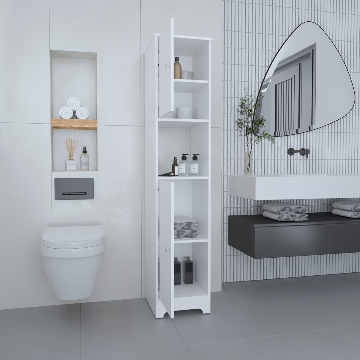 White 16" Linen Bedroom Cabinet with Shelves for Living Room