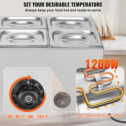 Commercial Food Warmer - 6 Pan Stainless Steel Buffet, 14.3QT