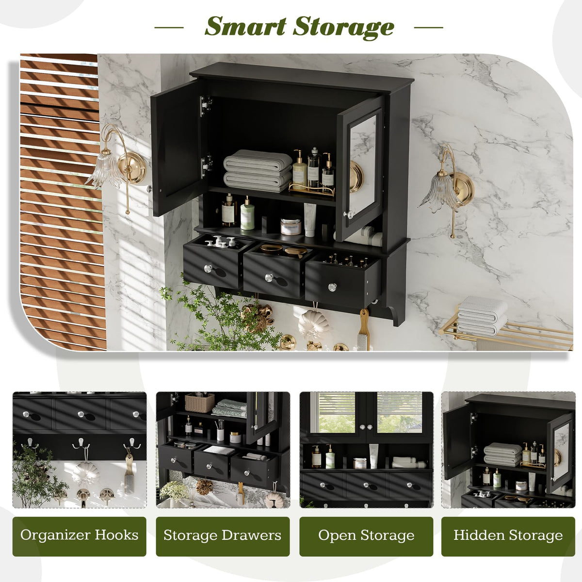 4-in-1 Bathroom Mirror Cabinet - Wall Mounted Storage