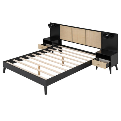 Queen Size Solid Wood Bed Frame - Black with Nightstands & Lamps