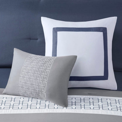 8 Piece Embroidered Navy Queen Comforter Set - Luxurious Comfort