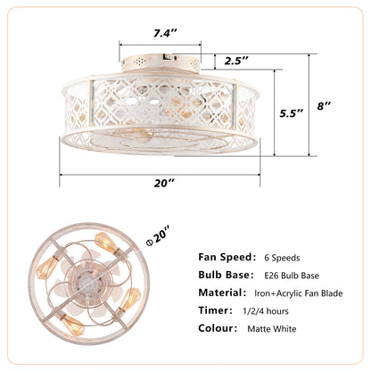Retro White Ceiling Fan with Lights - 20 Inch Farmhouse Style