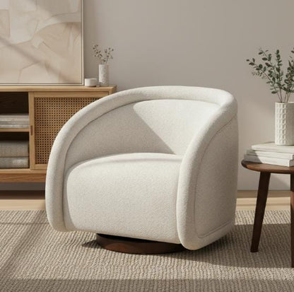 Beige Boucl Swivel Chair Walnut Base - 30.5" Diameter for Living Room