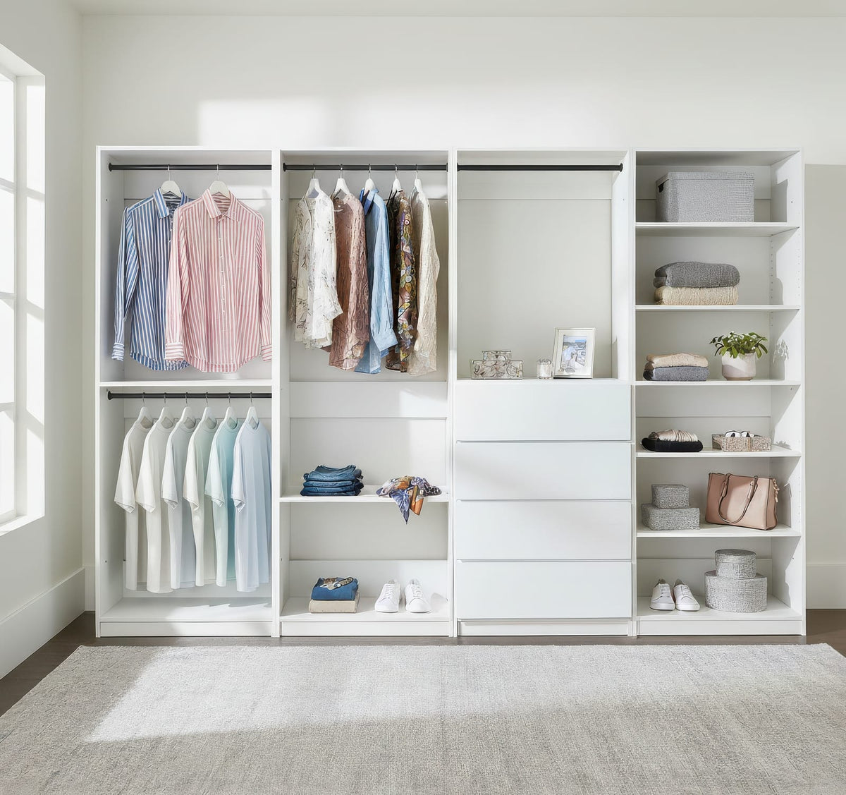 White Wood Walk-In Closet System - 5 Modular Units for Bedroom
