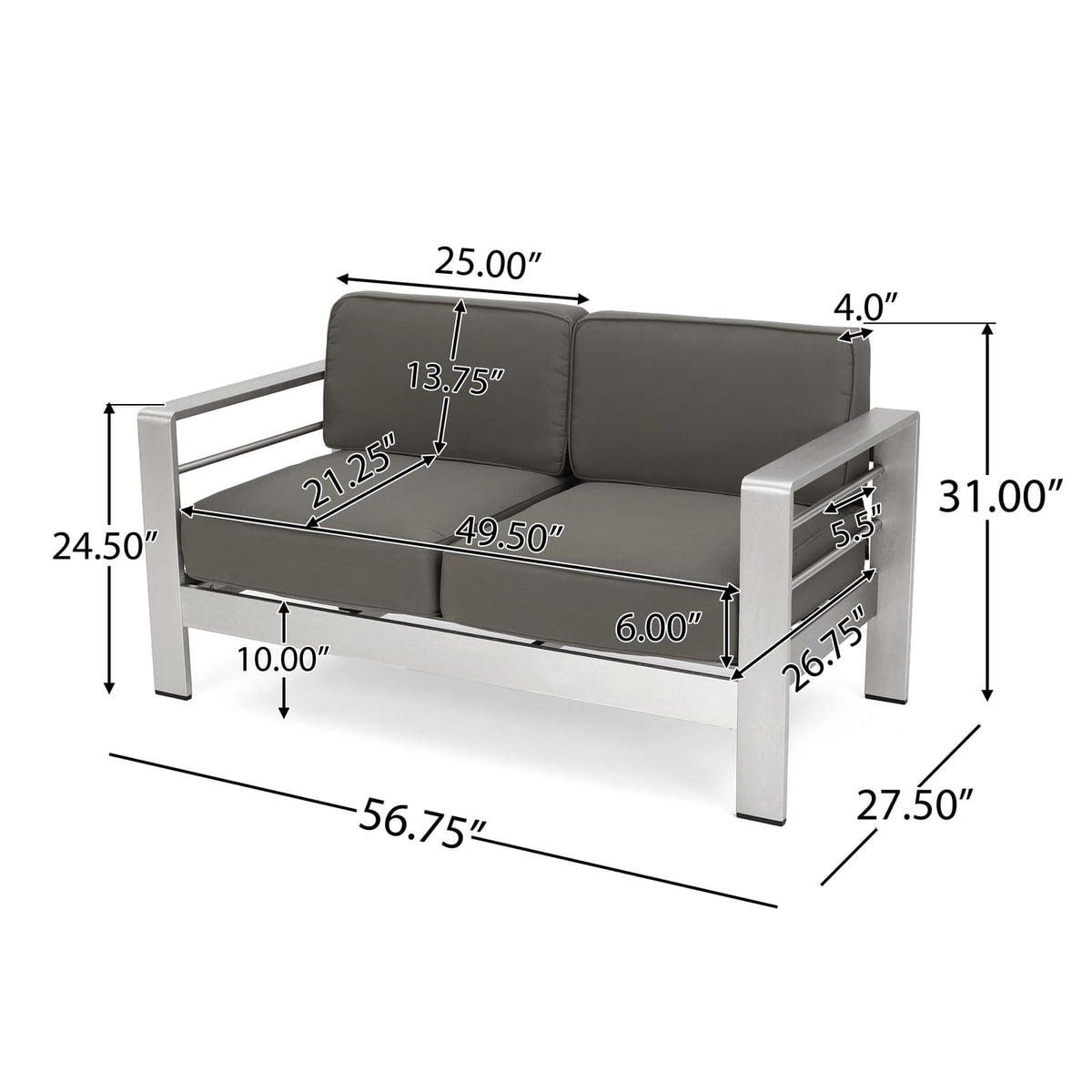 Khaki Aluminum Patio Loveseat for Garden and Poolside Seating