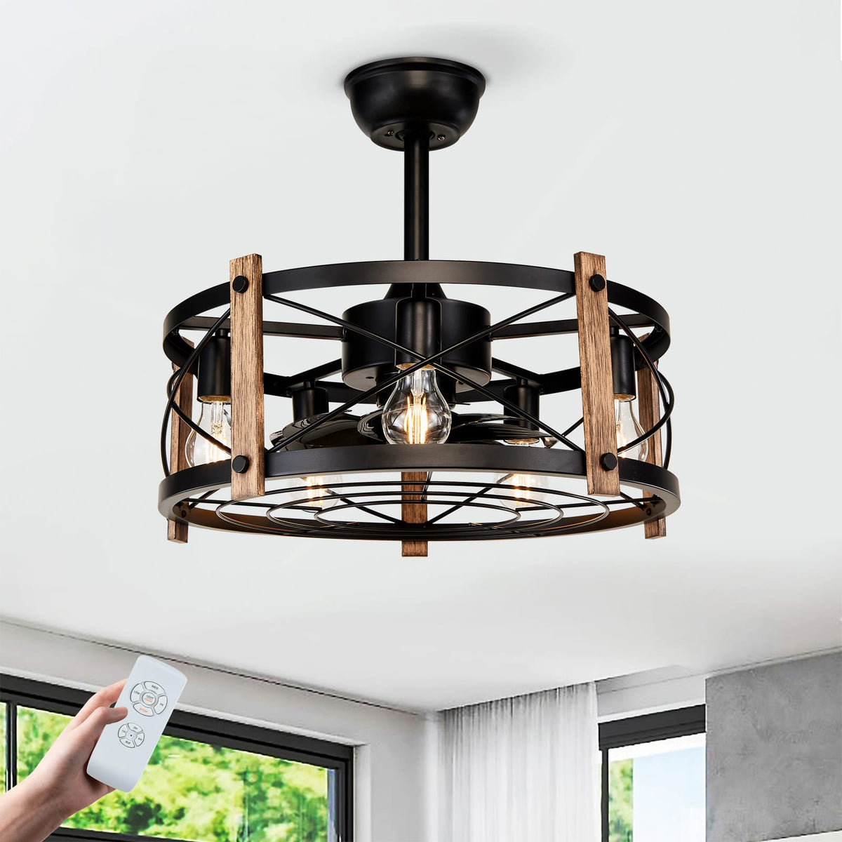 Matte Black Ceiling Fan with Remote - Modern Iron Design