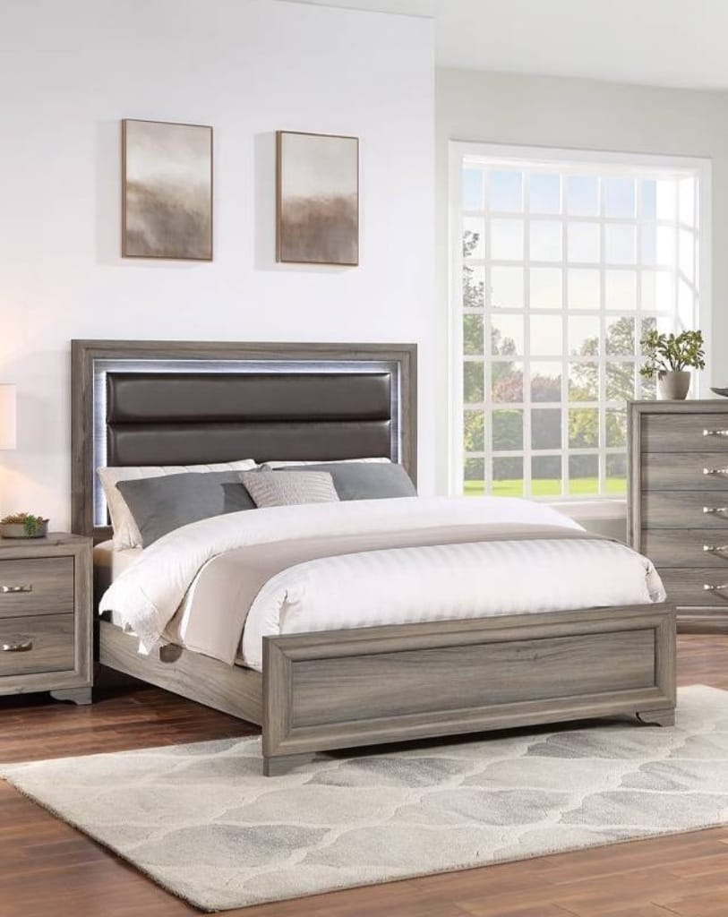 Queen Size Bed Frame - Espresso Bonded Leather Horizontal Tufting