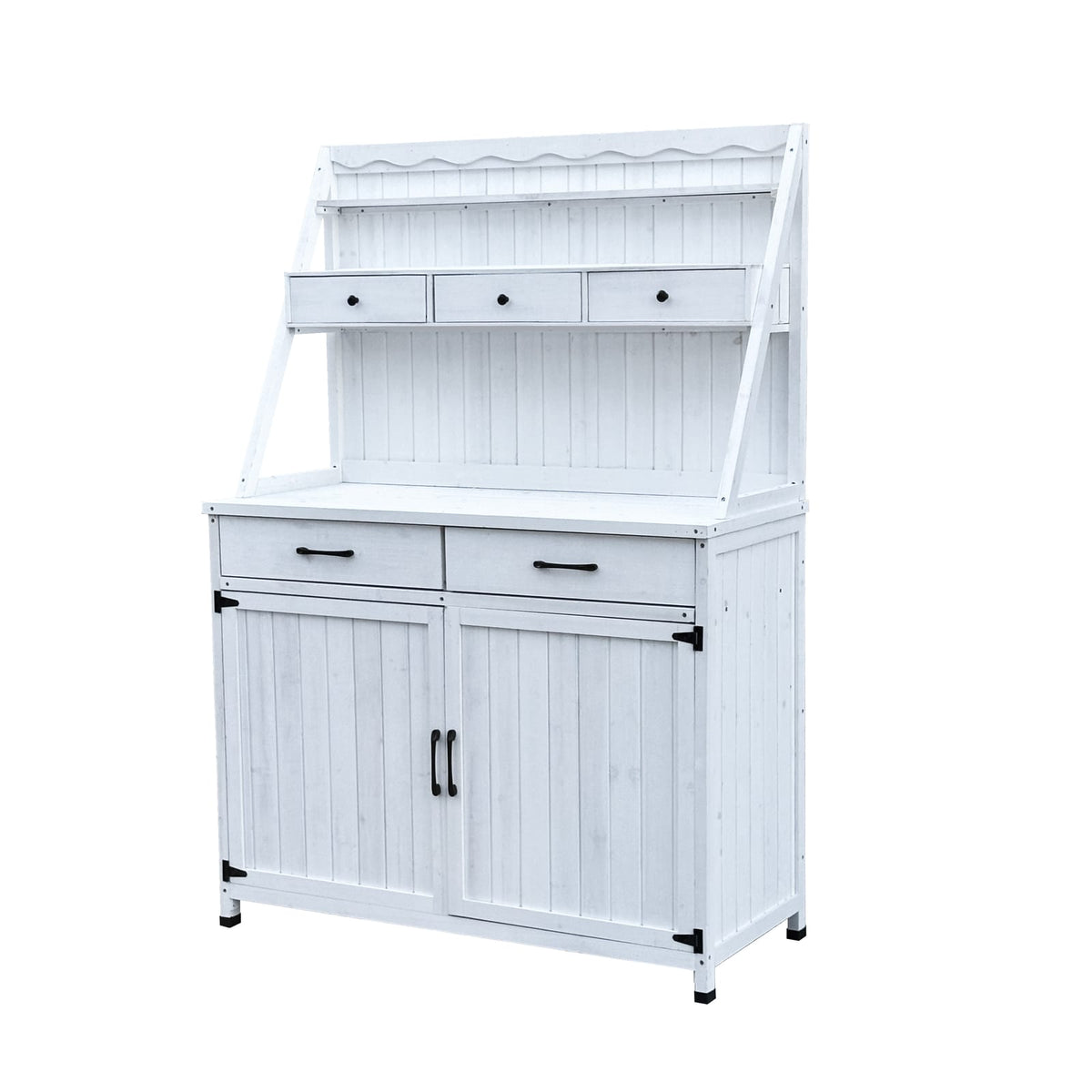 White Farmhouse Outdoor Potting Bench with Storage Cabinet for Garden