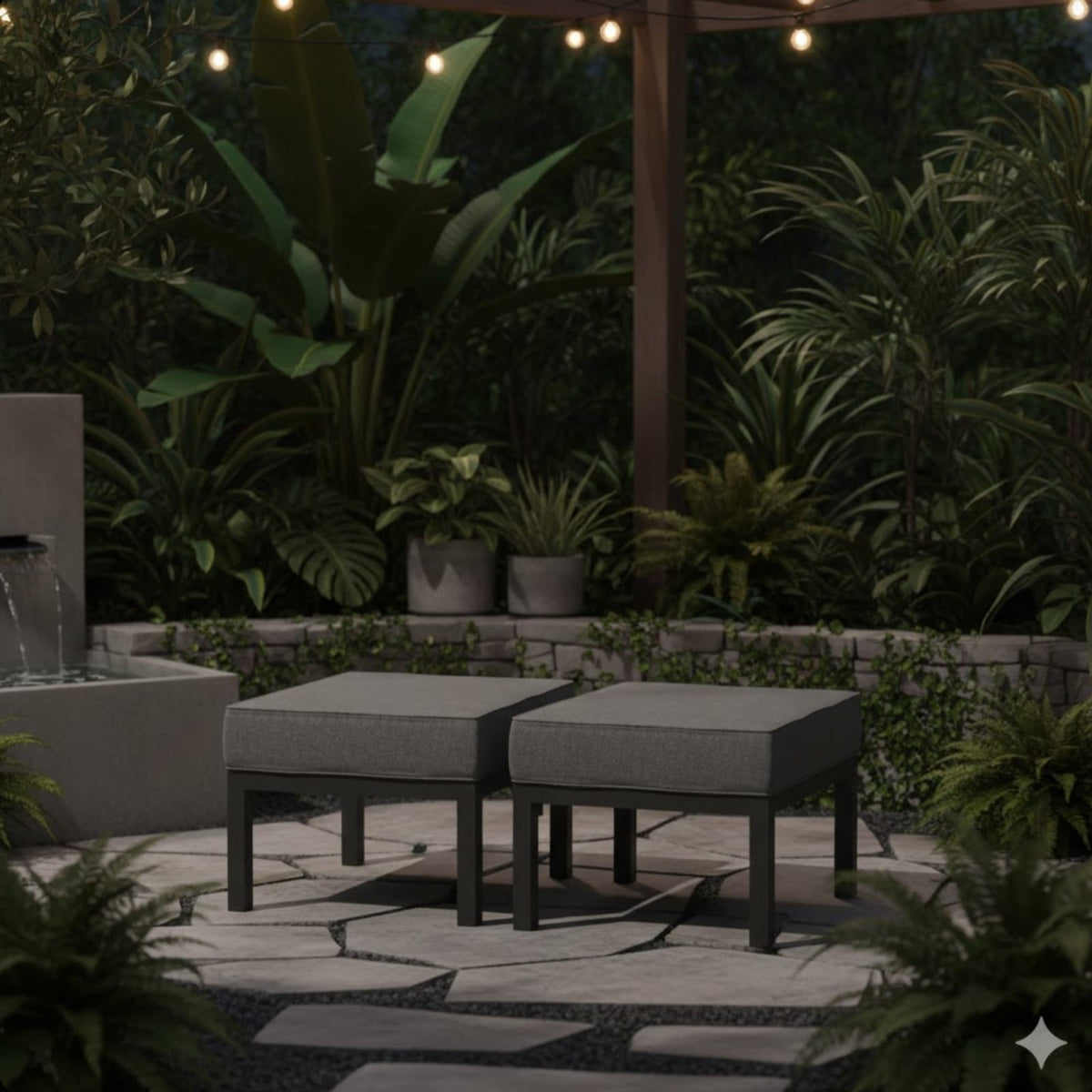 Set of 2 Patio Ottomans Dark Gray Cushions Outdoor Footrests