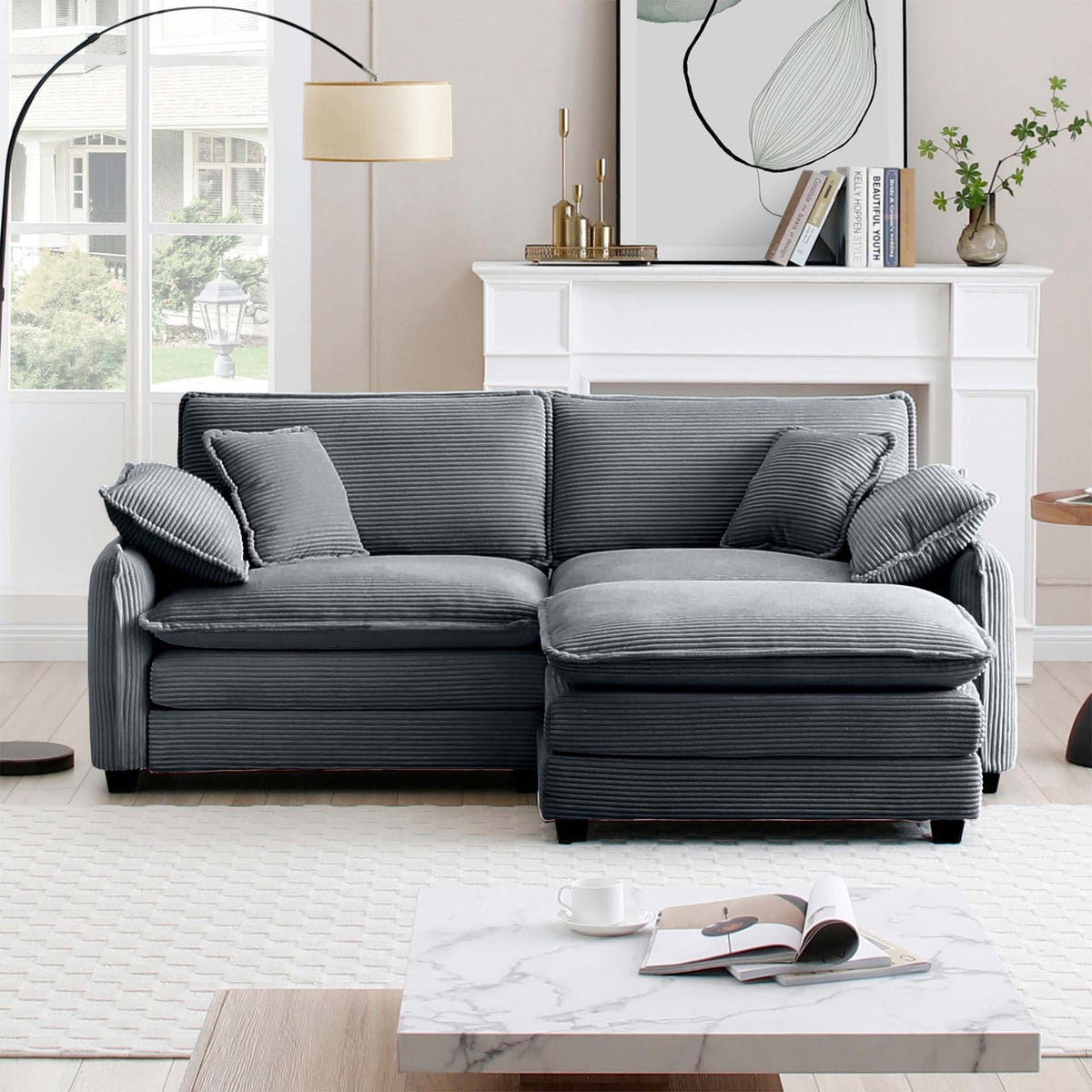 Grey Corduroy 2-Seat Sofa with Footstool - Perfect Living Room Addition