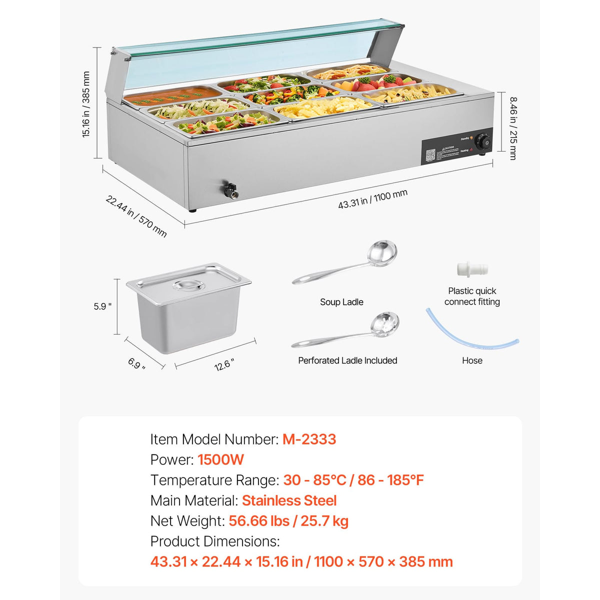 Commercial Food Warmer - 1500W Stainless Steel Buffet Steamers, 9 Pans