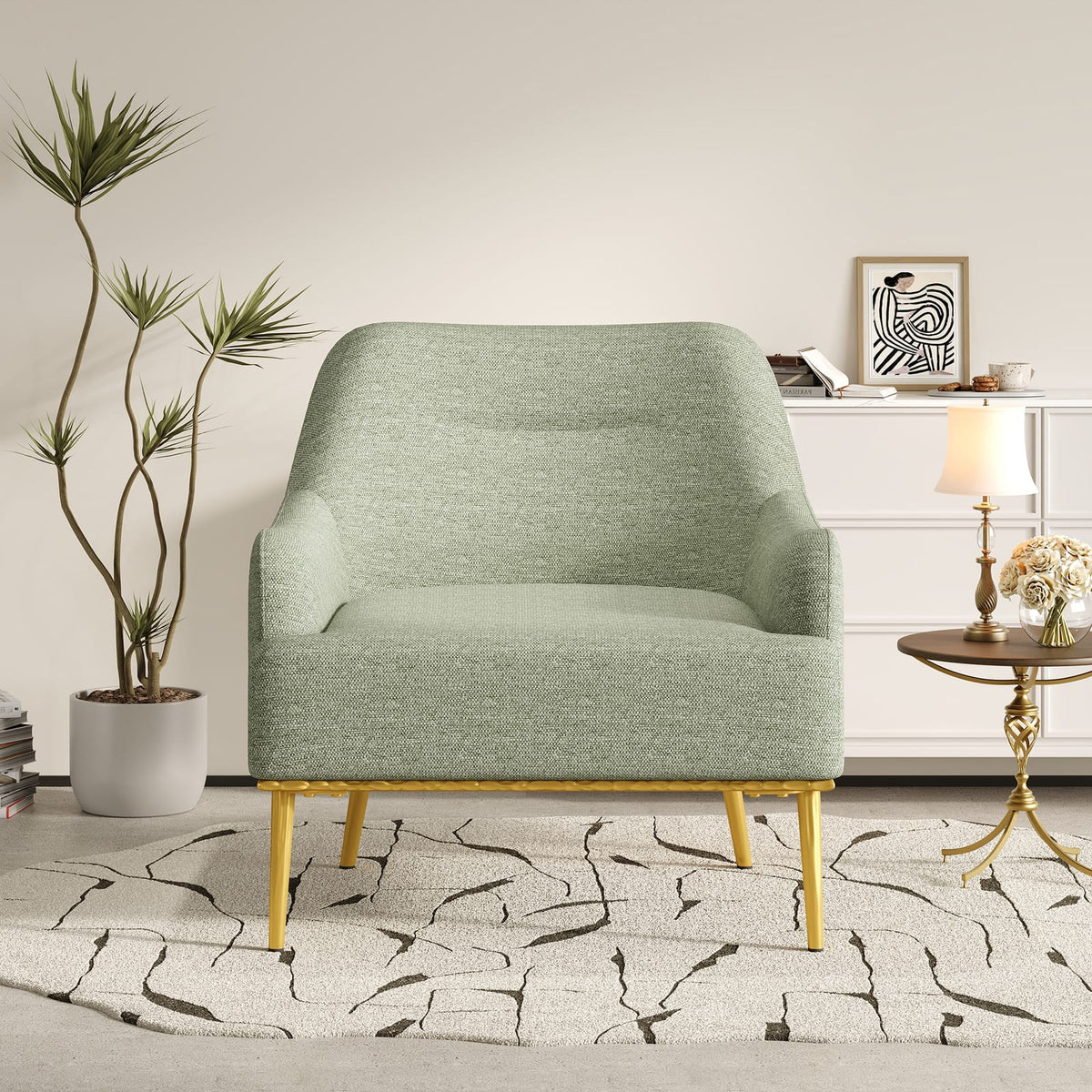 Green Chenille Accent Chair - Curved Back Sofa Chair for Bedroom or Living Room